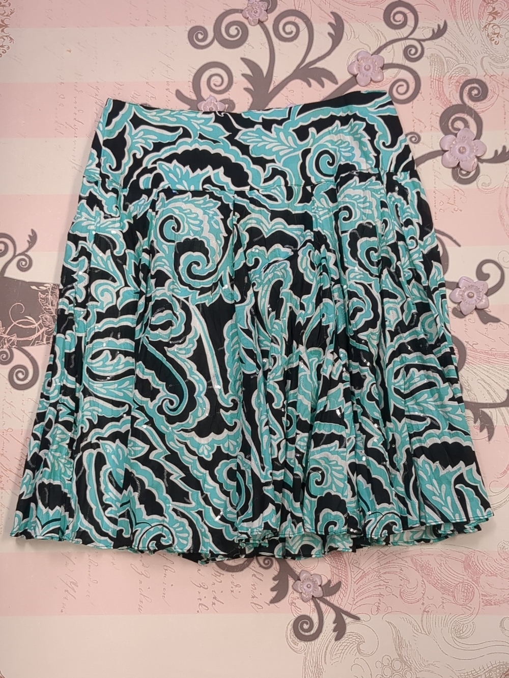 INC International Concepts Black and Teal Swirl Pleated Skirt